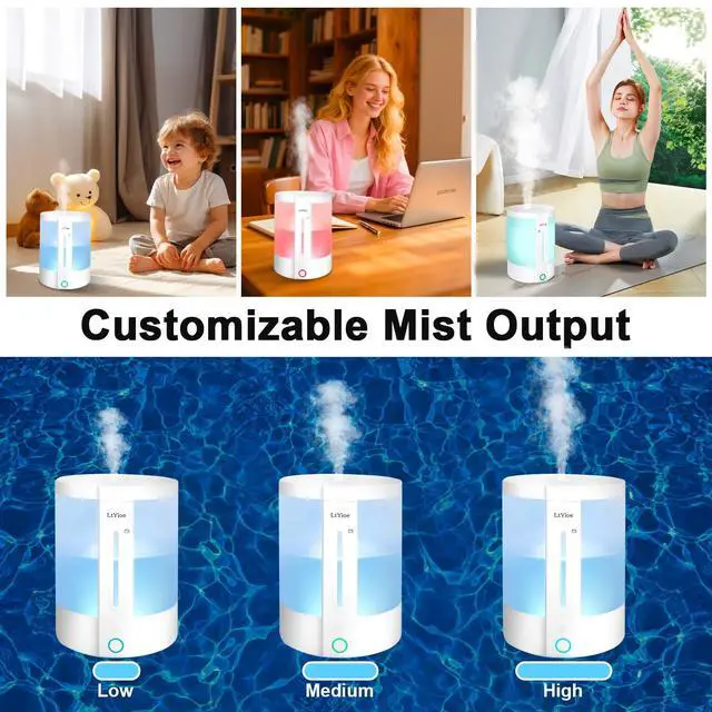 Alt view image 4 of 6 - Top Fill Humidifiers for Bedroom, 8-Colorful Lights, 2.5L Tank, Easy Fill&Clean, Ultra-Quiet Cool Mist with Essential Oil Diffuser, Touch Buttons, 3 Mist Modes, Auto Off, for Office, Home,16H.