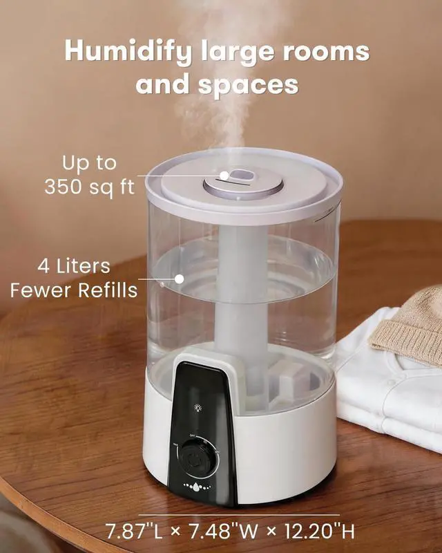 Alt view image 2 of 7 - Humidifiers for Bedroom,1.06Gal(4L) humidifier for baby Dishwasher-Safe Tank Easy Clean,3-in-1 Humidifier & Aroma Diffuser & Night Light,Top Fill,360° Ultra-Fine Spray,Auto Shut-Off,Home,Nursery,White