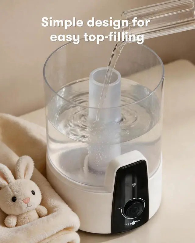 Alt view image 5 of 7 - Humidifiers for Bedroom,1.06Gal(4L) humidifier for baby Dishwasher-Safe Tank Easy Clean,3-in-1 Humidifier & Aroma Diffuser & Night Light,Top Fill,360° Ultra-Fine Spray,Auto Shut-Off,Home,Nursery,White