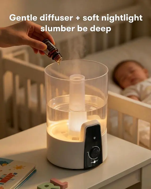 Alt view image 4 of 7 - Humidifiers for Bedroom,1.06Gal(4L) humidifier for baby Dishwasher-Safe Tank Easy Clean,3-in-1 Humidifier & Aroma Diffuser & Night Light,Top Fill,360° Ultra-Fine Spray,Auto Shut-Off,Home,Nursery,White