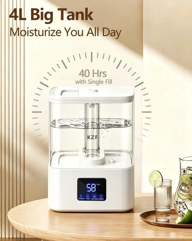 Alt view image 2 of 7 - 4L Top Fill Humidifiers for Bedroom & 60H Runtime - Cool Mist 3 Mist Levels, 8H Timer, Essential Oil Tray, Humidity Display, Quiet for Bedroom, Baby, Large Room