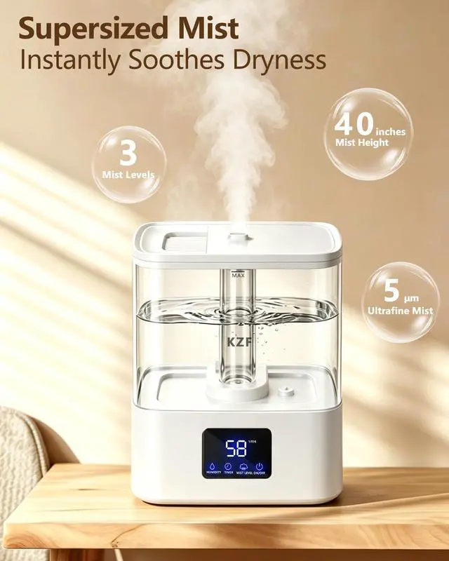 Alt view image 3 of 7 - 4L Top Fill Humidifiers for Bedroom & 60H Runtime - Cool Mist 3 Mist Levels, 8H Timer, Essential Oil Tray, Humidity Display, Quiet for Bedroom, Baby, Large Room