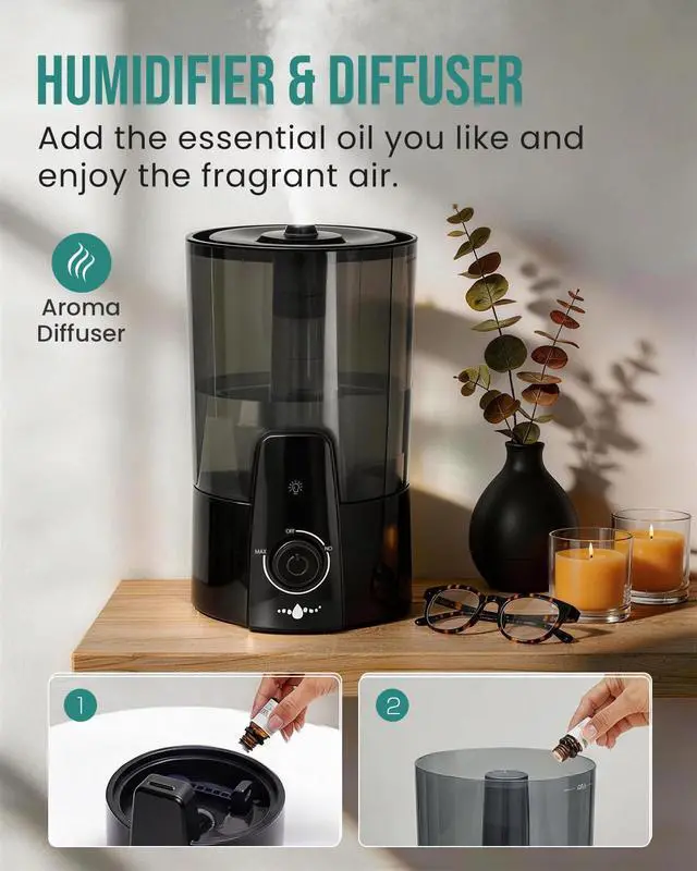 Alt view image 7 of 7 - Humidifiers for Bedroom,1.06Gal(4L) Dishwasher Safe Design Easy to Clean, 3-in-1 Humidifier & Aroma Diffuser & Night Light,Top Fill,360° Ultra-Fine Spray,Auto Shut-Off,Home,Baby Nursery,Black