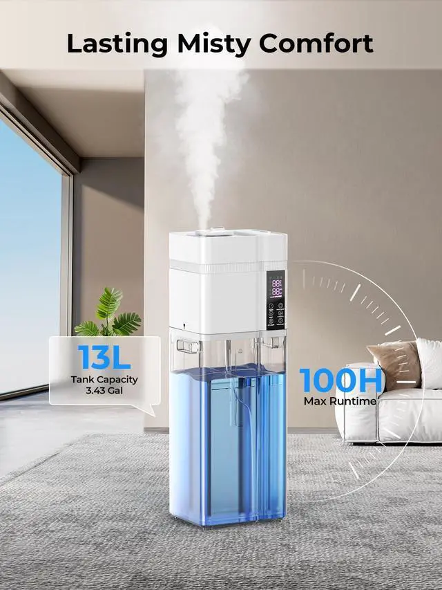 Alt view image 3 of 7 - 13L/3.43Gal Humidifier Large Room, 800ft² Coverage, 100H Runtime, Auto Humidity Control, Top Fill, Humidifiers for Bedroom, 35dB Quiet, Sleep Mode, Aroma Diffuser, 24H Timer, Auto Shut-off Protection