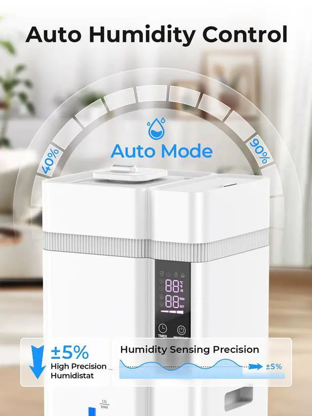Alt view image 4 of 7 - 13L/3.43Gal Humidifier Large Room, 800ft² Coverage, 100H Runtime, Auto Humidity Control, Top Fill, Humidifiers for Bedroom, 35dB Quiet, Sleep Mode, Aroma Diffuser, 24H Timer, Auto Shut-off Protection