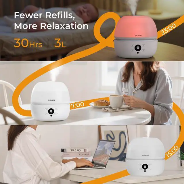Alt view image 2 of 7 - 3L Top Fill Humidifier for Bedroom, 20dB Whisper-Quiet Ultrasonic Cool Mist, Remote Control, 30H Runtime, Timer, Night Light, Essential Oil Tray for Baby Room, Plants and Home