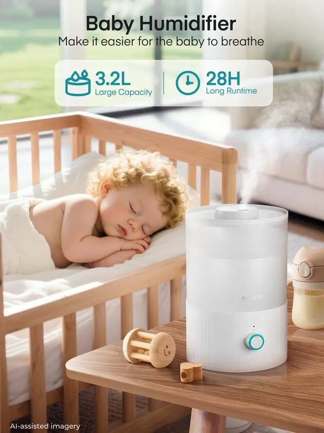 Alt view image 2 of 7 - Humidifier for Bedroom Baby, 3.2L Top Fill Cool Mist Humidifiers for Nursery, Home, 28H Ultra Quiet Runtime, Auto Shut-Off, Soft 7-Color Night Light, BPA-Free, Essential Oil Tray, White