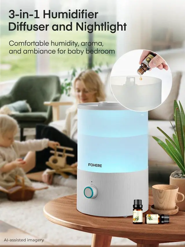 Alt view image 4 of 7 - Humidifier for Bedroom Baby, 3.2L Top Fill Cool Mist Humidifiers for Nursery, Home, 28H Ultra Quiet Runtime, Auto Shut-Off, Soft 7-Color Night Light, BPA-Free, Essential Oil Tray, White
