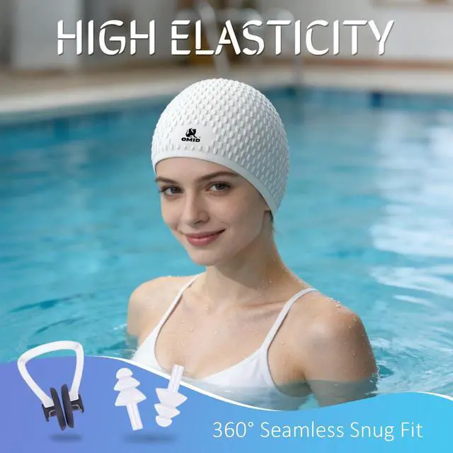 Alt view image 2 of 6 - Swim Cap Women Adult, Silicone Comfortable Waterproof Swimming Cap for Long Hair, Pool Beach Training (White)