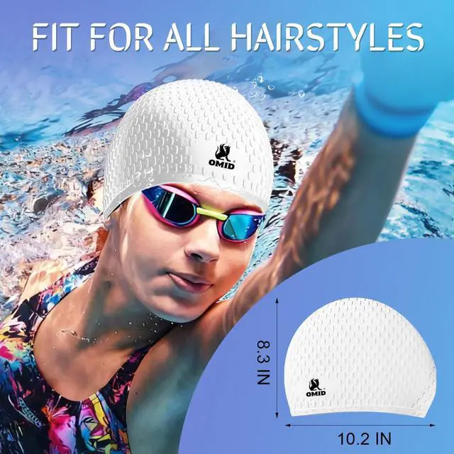 Alt view image 3 of 6 - Swim Cap Women Adult, Silicone Comfortable Waterproof Swimming Cap for Long Hair, Pool Beach Training (White)