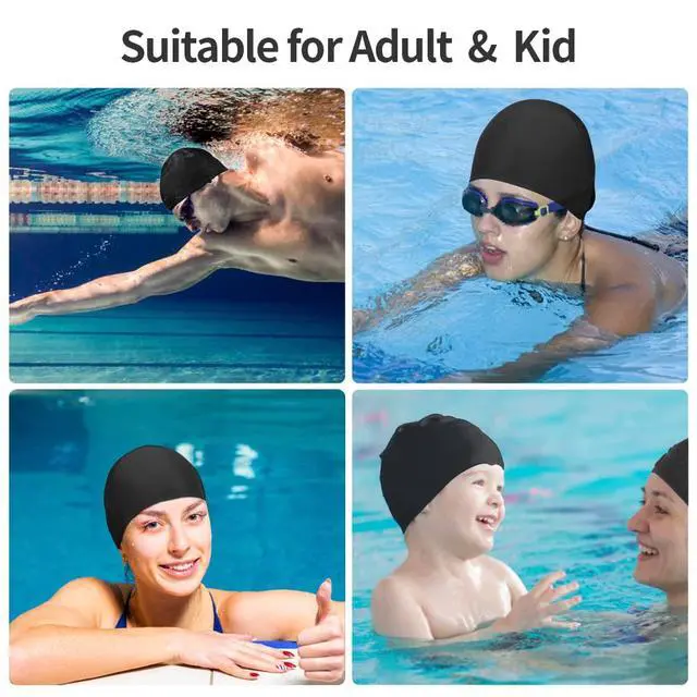 Alt view image 2 of 6 - 2pcs Cloth Swim Caps for Both Women & Men & Kids Fabric Durable Non-Waterproof Elastic Swimming Pool Cap Bathing Cap for Long and Short Hair (Black)