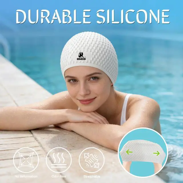 Alt view image 4 of 6 - Swim Cap Women Adult, Silicone Comfortable Waterproof Swimming Cap for Long Hair, Pool Beach Training (White)