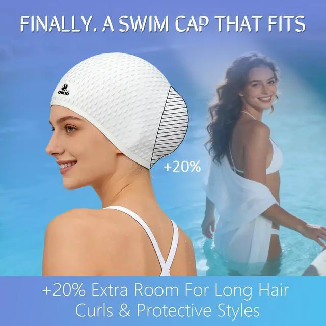 Alt view image 5 of 6 - Swim Cap Women Adult, Silicone Comfortable Waterproof Swimming Cap for Long Hair, Pool Beach Training (White)