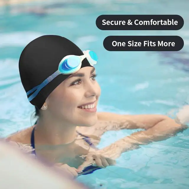 Alt view image 3 of 6 - 2pcs Cloth Swim Caps for Both Women & Men & Kids Fabric Durable Non-Waterproof Elastic Swimming Pool Cap Bathing Cap for Long and Short Hair (Black)