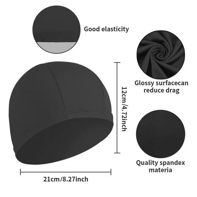 Alt view image 6 of 6 - 2pcs Cloth Swim Caps for Both Women & Men & Kids Fabric Durable Non-Waterproof Elastic Swimming Pool Cap Bathing Cap for Long and Short Hair (Black)