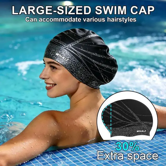 Alt view image 2 of 7 - Extra Large Swim Cap Designed for Men and Women with Thick, Long Hair, Hair Extensions Or Afro-Textured Hair Long-Hair Swim Cap Highly Waterproof to Keep Hair Dry (Black)