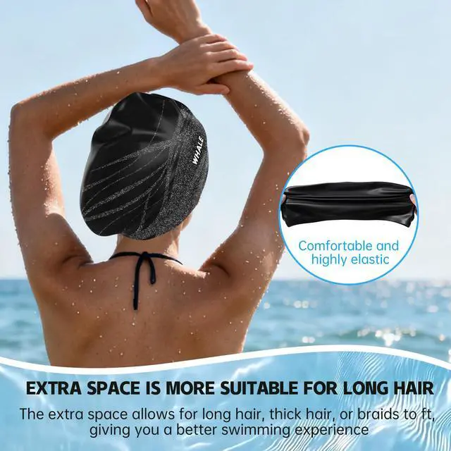 Alt view image 7 of 7 - Extra Large Swim Cap Designed for Men and Women with Thick, Long Hair, Hair Extensions Or Afro-Textured Hair Long-Hair Swim Cap Highly Waterproof to Keep Hair Dry (Black)