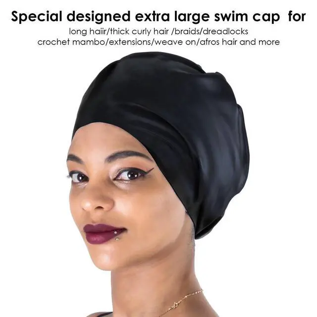 Alt view image 2 of 7 - Extra Large Swimming Cap for Women and Men,Special Design Swim Cap for Very Long Thick Curly Hair&Dreadlocks Weaves Braids Afros Silicone Keep Your Hair Dry(Black/XL)