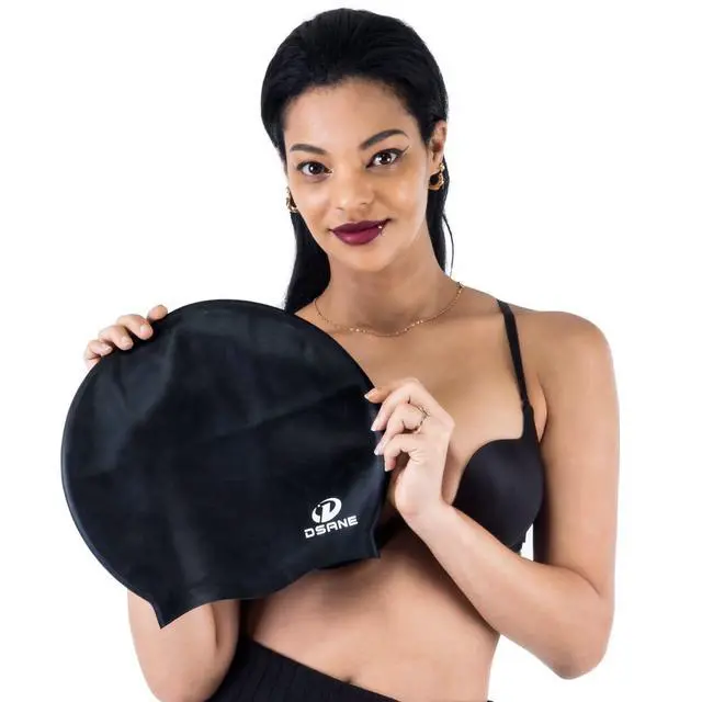 Alt view image 4 of 7 - Extra Large Swimming Cap for Women and Men,Special Design Swim Cap for Very Long Thick Curly Hair&Dreadlocks Weaves Braids Afros Silicone Keep Your Hair Dry(Black/XL)