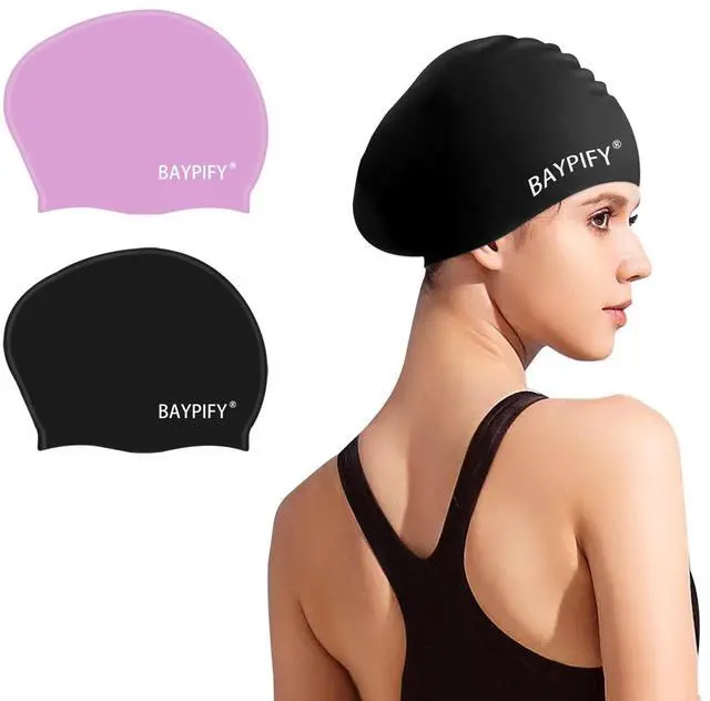 Main image of 2 Pack Silicone Swim Cap for Long Hair, Anti-Slip Waterproof