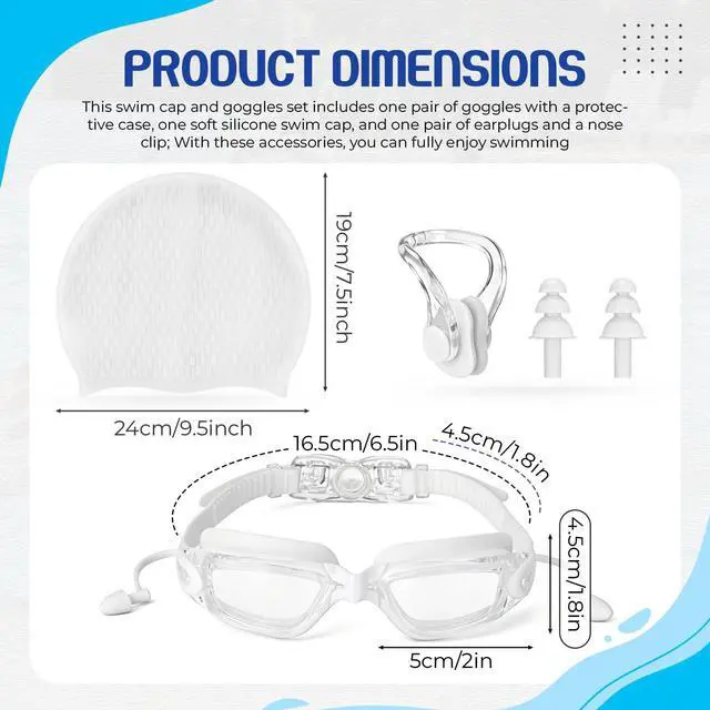 Alt view image 2 of 7 - Swim Goggles Swimming Cap Set with Earplugs, Nose Clip and Case Silicone Swim Hat Waterproof Chlorine Resistant Tear-Resistant for Adult Beginner Supplies(White)