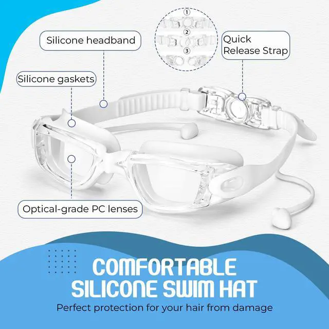 Alt view image 3 of 7 - Swim Goggles Swimming Cap Set with Earplugs, Nose Clip and Case Silicone Swim Hat Waterproof Chlorine Resistant Tear-Resistant for Adult Beginner Supplies(White)