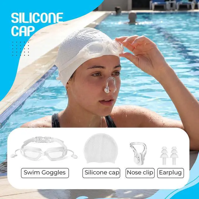 Alt view image 5 of 7 - Swim Goggles Swimming Cap Set with Earplugs, Nose Clip and Case Silicone Swim Hat Waterproof Chlorine Resistant Tear-Resistant for Adult Beginner Supplies(White)