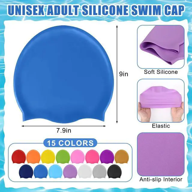 Alt view image 2 of 6 - 15 Pcs 15/36 Pcs Unisex Adult Silicone Swim Cap Waterproof Swimming Cap Bulk for Women Men Adult Non Slip Pool Hat Elastic Silicone Caps Water Resistant for Long Short Hair (Bright Color)