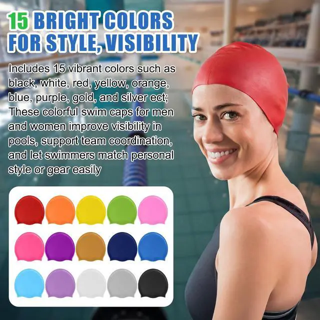 Alt view image 6 of 6 - 15 Pcs 15/36 Pcs Unisex Adult Silicone Swim Cap Waterproof Swimming Cap Bulk for Women Men Adult Non Slip Pool Hat Elastic Silicone Caps Water Resistant for Long Short Hair (Bright Color)