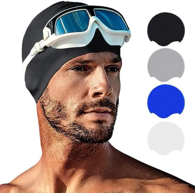 Main image of Silicone Swim Cap for Long Hair, Swimming Cap for Women Men Teenagers, Stereoscopic Pattern Bathing Cap Ideal for Curly Short Medium Long Hair (Black)