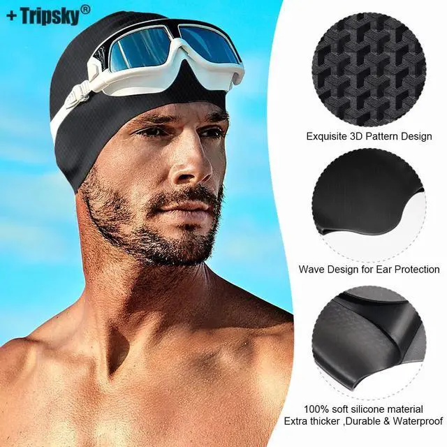 Alt view image 2 of 7 - Silicone Swim Cap for Long Hair, Swimming Cap for Women Men Teenagers, Stereoscopic Pattern Bathing Cap Ideal for Curly Short Medium Long Hair (Black)