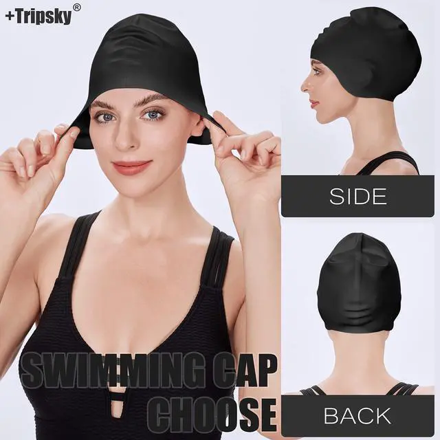 Alt view image 6 of 7 - Silicone Swim Cap for Long Hair, Swimming Cap for Women Men Teenagers, Stereoscopic Pattern Bathing Cap Ideal for Curly Short Medium Long Hair (Black)