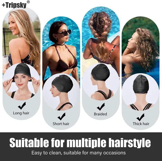Alt view image 4 of 7 - Silicone Swim Cap for Long Hair, Swimming Cap for Women Men Teenagers, Stereoscopic Pattern Bathing Cap Ideal for Curly Short Medium Long Hair (Black)