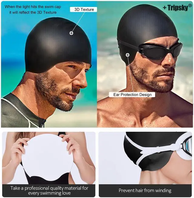Alt view image 5 of 7 - Silicone Swim Cap for Long Hair, Swimming Cap for Women Men Teenagers, Stereoscopic Pattern Bathing Cap Ideal for Curly Short Medium Long Hair (Black)