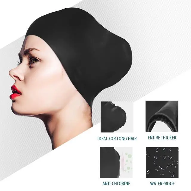 Alt view image 2 of 6 - Womens Silicone Swim Cap for Long Hair,3D Ergonomic Design Silicone Swimming Caps for Women Kids Men Adults Boys Girls with Ear Plug and Nose Clip(Black/L)