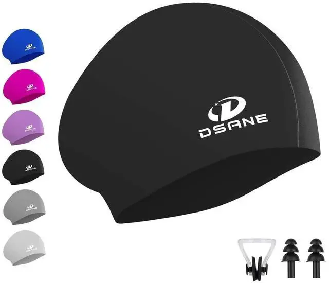 Main image of Womens Silicone Swim Cap for Long Hair,3D Ergonomic Design Silicone Swimming Caps for Women Kids Men Adults Boys Girls with Ear Plug and Nose Clip(Black/L)