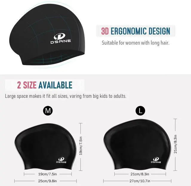 Alt view image 5 of 6 - Womens Silicone Swim Cap for Long Hair,3D Ergonomic Design Silicone Swimming Caps for Women Kids Men Adults Boys Girls with Ear Plug and Nose Clip(Black/L)