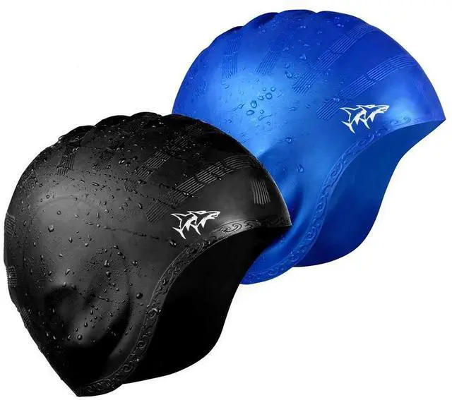 Main image of Swim Cap for Long Hair 2 Pack Thicker Design Solid Silicone Waterproof Swimming Caps for Woman Adults and Men (Black+Blue)