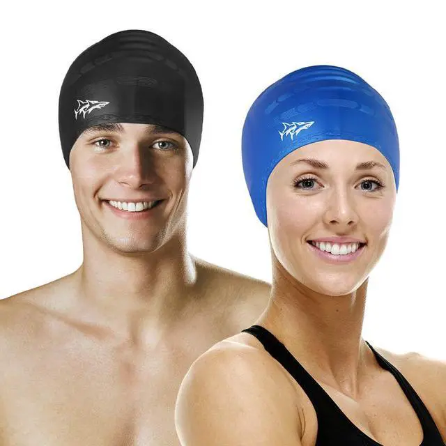 Alt view image 2 of 7 - Swim Cap for Long Hair 2 Pack Thicker Design Solid Silicone Waterproof Swimming Caps for Woman Adults and Men (Black+Blue)