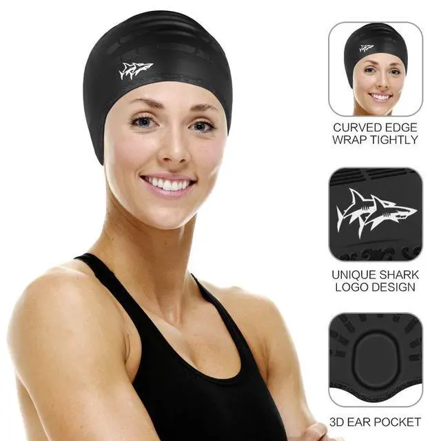 Alt view image 4 of 7 - Swim Cap for Long Hair 2 Pack Thicker Design Solid Silicone Waterproof Swimming Caps for Woman Adults and Men (Black+Blue)