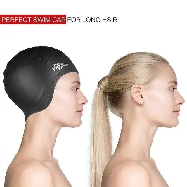 Alt view image 5 of 7 - Swim Cap for Long Hair 2 Pack Thicker Design Solid Silicone Waterproof Swimming Caps for Woman Adults and Men (Black+Blue)