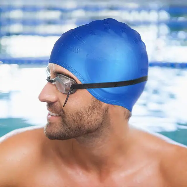 Alt view image 6 of 7 - Swim Cap for Long Hair 2 Pack Thicker Design Solid Silicone Waterproof Swimming Caps for Woman Adults and Men (Black+Blue)