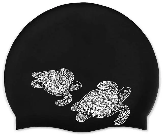 Main image of Adult Swim Cap, Durable Silicone Swimming Cap for Men Women, Waterproof Comfortable Swim Hat Bathing Cap for Short Medium Long Hairs - Black (Ocean Sea Turtles)