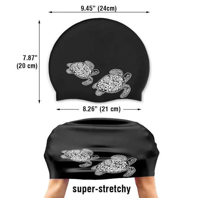 Alt view image 2 of 6 - Adult Swim Cap, Durable Silicone Swimming Cap for Men Women, Waterproof Comfortable Swim Hat Bathing Cap for Short Medium Long Hairs - Black (Ocean Sea Turtles)