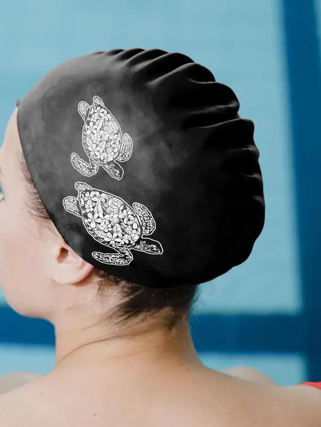 Alt view image 6 of 6 - Adult Swim Cap, Durable Silicone Swimming Cap for Men Women, Waterproof Comfortable Swim Hat Bathing Cap for Short Medium Long Hairs - Black (Ocean Sea Turtles)