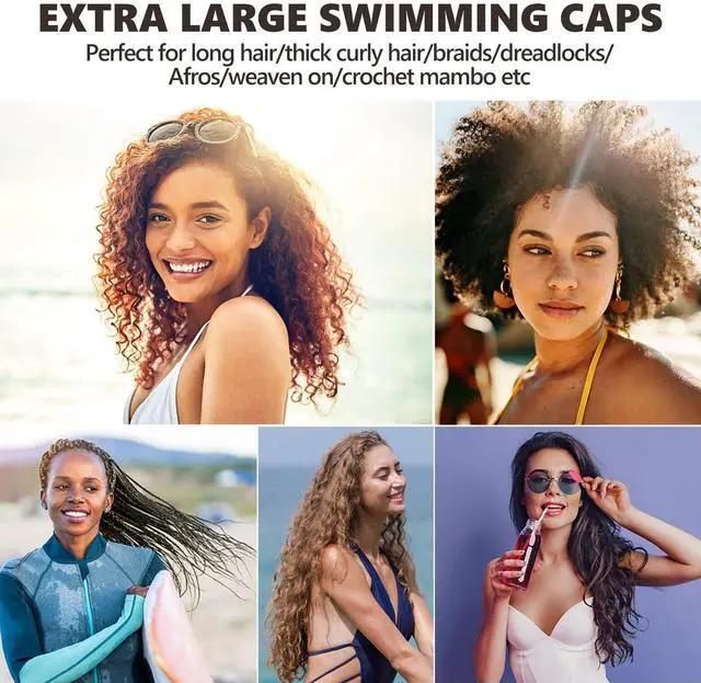 Alt view image 3 of 7 - 2 Pack Extra Large Swim Cap for Women and Men Adult Youth,Waterproof Silicone Swim Cap for Very Long Hair, Thick Curly Hair & Dreadlocks Braids Weaves Afro Hair (Black)