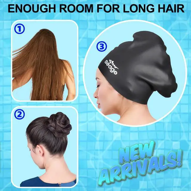 Alt view image 2 of 6 - Swim Cap Long Hair 2 Pack Swimming Cap for Women Silicone Swim Caps Keep Hair Dry Waterproof Comfortable Flexible Durable Bathing Cap Tear-Proof Design Large Adult Women Swimming Caps 10+ Years Girls