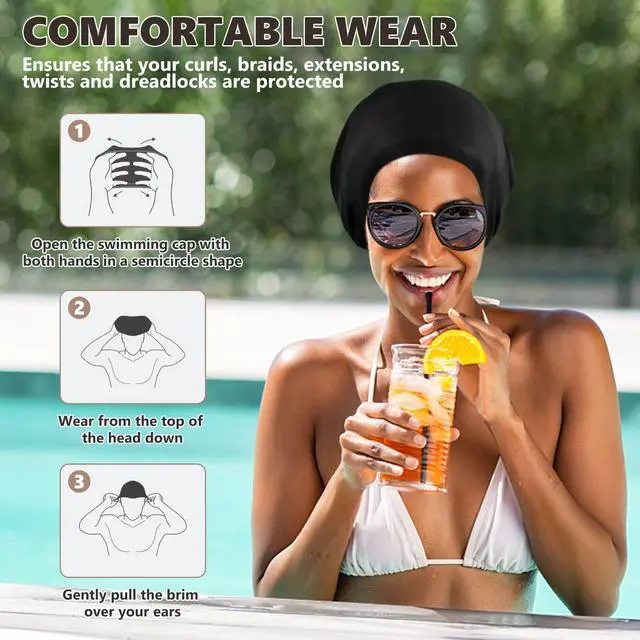Alt view image 6 of 7 - 2 Pack Extra Large Swim Cap for Women and Men Adult Youth,Waterproof Silicone Swim Cap for Very Long Hair, Thick Curly Hair & Dreadlocks Braids Weaves Afro Hair (Black)