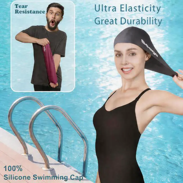 Alt view image 4 of 6 - Swim Cap Long Hair 2 Pack Swimming Cap for Women Silicone Swim Caps Keep Hair Dry Waterproof Comfortable Flexible Durable Bathing Cap Tear-Proof Design Large Adult Women Swimming Caps 10+ Years Girls