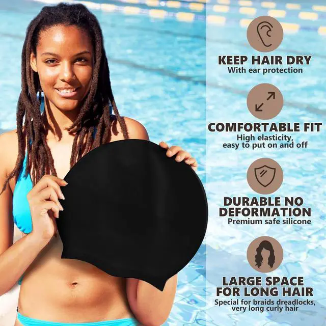 Alt view image 5 of 7 - 2 Pack Extra Large Swim Cap for Women and Men Adult Youth,Waterproof Silicone Swim Cap for Very Long Hair, Thick Curly Hair & Dreadlocks Braids Weaves Afro Hair (Black)